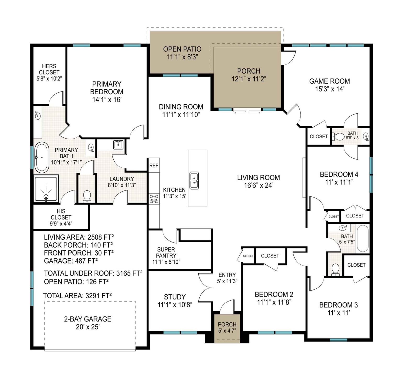 Modern 4-bedroom home with two bonus rooms, featuring 2508 sqft of heated and cooled living space within a total footprint of 3291 sqft. Presented by Pyramid Homes.