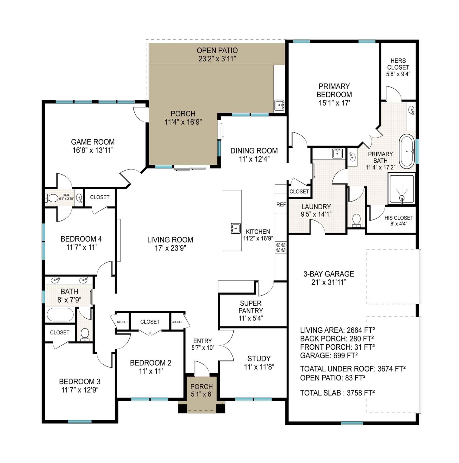 "Modern 4-bedroom home with 3 bathrooms, featuring 2664 sqft of heated and cooled living space within a total footprint of 3640 sqft. Presented by Pyramid Homes."