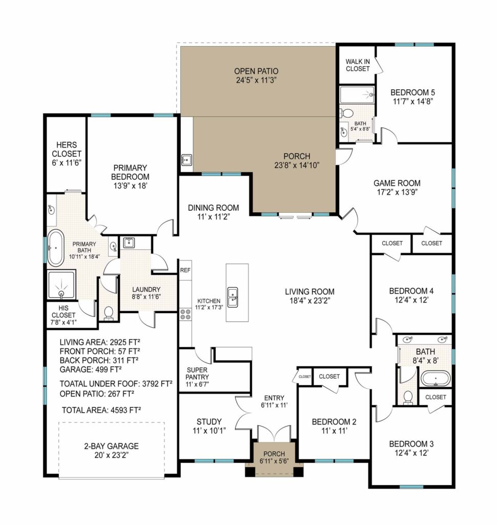 "Modern 5-bedroom home with 3 bathrooms, featuring 2925 sqft of heated and cooled living space within a total footprint of 3792 sqft. Presented by Pyramid Homes."