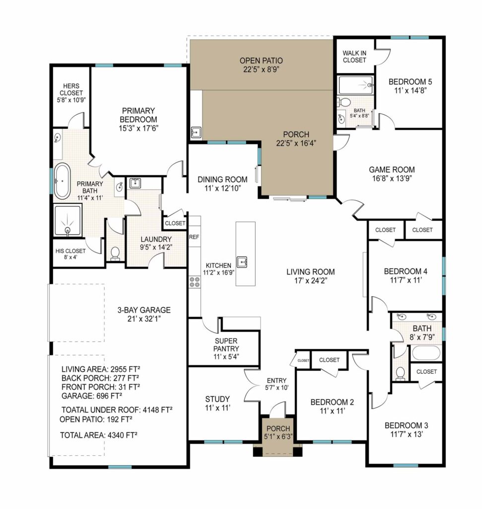 "Modern 5-bedroom home with 3 bathrooms, featuring 2955 sqft of heated and cooled living space within a total footprint of 3959 sqft. Presented by Pyramid Homes."